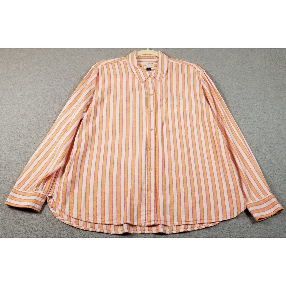 Universal Thread Button Up Shirt Women's Large L Orange Pink Striped Linen Blend